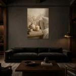 Candlelit Bedside Still Life Serene Neutral Bedroom Wall Art Canvas Print shown in a warm modern interior