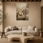 Candlelit Bedside Still Life Serene Neutral Bedroom Wall Art Canvas Print presented in a sophisticated home setting