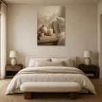 Candlelit Bedside Still Life Serene Neutral Bedroom Wall Art Canvas Print showcased in an elegant minimalist interior