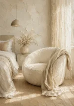 Sunlit Boucle Chair Serene Neutral Bedroom Wall Art Canvas Print