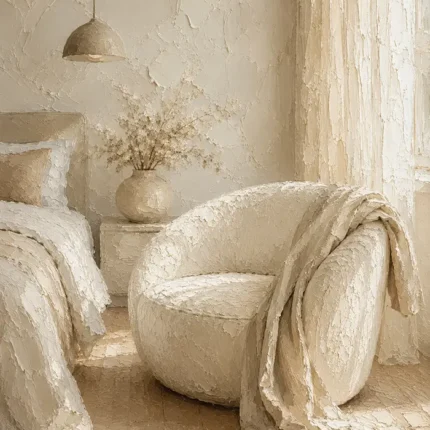 Sunlit Boucle Chair Serene Neutral Bedroom Wall Art Canvas Print