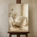 Sunlit Boucle Chair Serene Neutral Bedroom Wall Art Canvas Print displayed on a studio easel