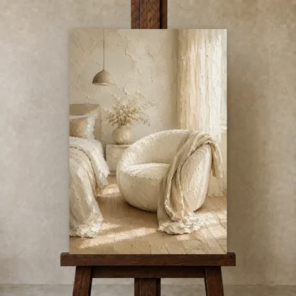 Sunlit Boucle Chair Serene Neutral Bedroom Wall Art Canvas Print shown in Studio Easel