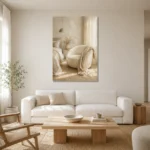 Sunlit Boucle Chair Serene Neutral Bedroom Wall Art Canvas Print styled in a refined neutral interior