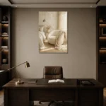 Sunlit Boucle Chair Serene Neutral Bedroom Wall Art Canvas Print displayed in a contemporary gallery-inspired room
