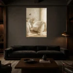 Sunlit Boucle Chair Serene Neutral Bedroom Wall Art Canvas Print shown in a warm modern interior