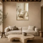 Sunlit Boucle Chair Serene Neutral Bedroom Wall Art Canvas Print presented in a sophisticated home setting
