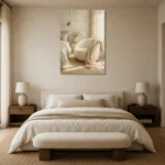 Sunlit Boucle Chair Serene Neutral Bedroom Wall Art Canvas Print showcased in an elegant minimalist interior