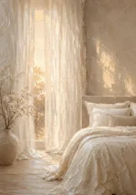 Sunlit Sheer Curtain Serene Neutral Bedroom Wall Art Canvas Print