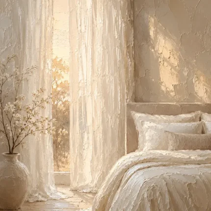 Sunlit Sheer Curtain Serene Neutral Bedroom Wall Art Canvas Print