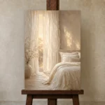 Sunlit Sheer Curtain Serene Neutral Bedroom Wall Art Canvas Print displayed on a studio easel