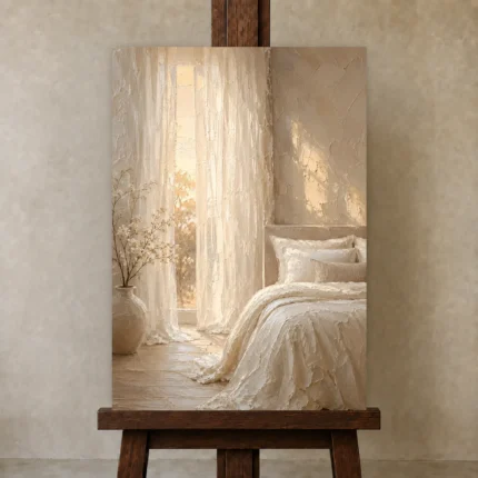 Sunlit Sheer Curtain Serene Neutral Bedroom Wall Art Canvas Print shown in Studio Easel