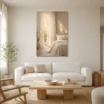Sunlit Sheer Curtain Serene Neutral Bedroom Wall Art Canvas Print styled in a refined neutral interior