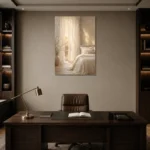 Sunlit Sheer Curtain Serene Neutral Bedroom Wall Art Canvas Print displayed in a contemporary gallery-inspired room