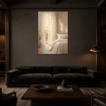Sunlit Sheer Curtain Serene Neutral Bedroom Wall Art Canvas Print shown in a warm modern interior