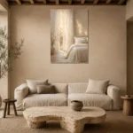 Sunlit Sheer Curtain Serene Neutral Bedroom Wall Art Canvas Print presented in a sophisticated home setting