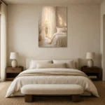 Sunlit Sheer Curtain Serene Neutral Bedroom Wall Art Canvas Print showcased in an elegant minimalist interior