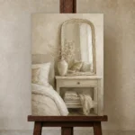 Arched Mirror Vanity Serene Neutral Bedroom Wall Art Canvas Print displayed on a studio easel