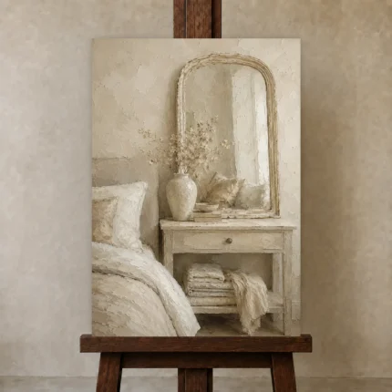 Arched Mirror Vanity Serene Neutral Bedroom Wall Art Canvas Print shown in Studio Easel