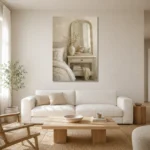 Arched Mirror Vanity Serene Neutral Bedroom Wall Art Canvas Print styled in a refined neutral interior