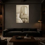 Arched Mirror Vanity Serene Neutral Bedroom Wall Art Canvas Print shown in a warm modern interior