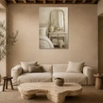 Arched Mirror Vanity Serene Neutral Bedroom Wall Art Canvas Print presented in a sophisticated home setting
