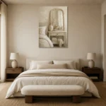 Arched Mirror Vanity Serene Neutral Bedroom Wall Art Canvas Print showcased in an elegant minimalist interior