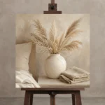 Pampas Grass Vase Serene Neutral Bedroom Wall Art Canvas Print displayed on a studio easel