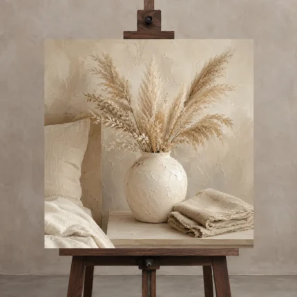 Pampas Grass Vase Serene Neutral Bedroom Wall Art Canvas Print displayed on a studio easel