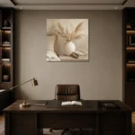 Pampas Grass Vase Serene Neutral Bedroom Wall Art Canvas Print displayed in a contemporary gallery-inspired room