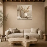 Pampas Grass Vase Serene Neutral Bedroom Wall Art Canvas Print presented in a sophisticated home setting