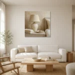 Ivory Ceramic Lamp Serene Neutral Bedroom Wall Art Canvas Print styled in a refined neutral interior