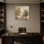 Ivory Ceramic Lamp Serene Neutral Bedroom Wall Art Canvas Print displayed in a contemporary gallery-inspired room
