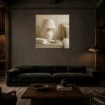 Ivory Ceramic Lamp Serene Neutral Bedroom Wall Art Canvas Print shown in a warm modern interior