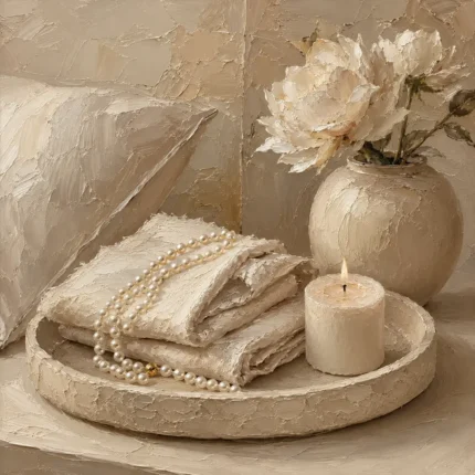 Pearl Linen Tray Serene Neutral Bedroom Wall Art Canvas Print
