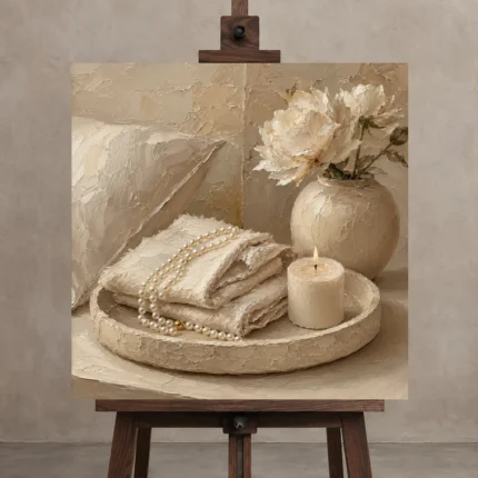 Pearl Linen Tray Serene Neutral Bedroom Wall Art Canvas Print displayed on a studio easel