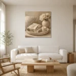Pearl Linen Tray Serene Neutral Bedroom Wall Art Canvas Print styled in a refined neutral interior