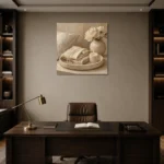 Pearl Linen Tray Serene Neutral Bedroom Wall Art Canvas Print displayed in a contemporary gallery-inspired room