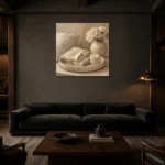 Pearl Linen Tray Serene Neutral Bedroom Wall Art Canvas Print shown in a warm modern interior