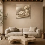 Pearl Linen Tray Serene Neutral Bedroom Wall Art Canvas Print presented in a sophisticated home setting