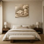 Pearl Linen Tray Serene Neutral Bedroom Wall Art Canvas Print showcased in an elegant minimalist interior