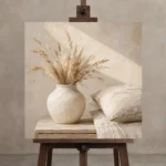 Dried Wheat Vase Serene Neutral Bedroom Wall Art Canvas Print displayed on a studio easel