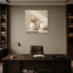 Dried Wheat Vase Serene Neutral Bedroom Wall Art Canvas Print displayed in a contemporary gallery-inspired room