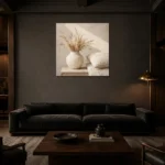 Dried Wheat Vase Serene Neutral Bedroom Wall Art Canvas Print shown in a warm modern interior