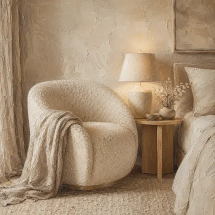 Warm Boucle Reading Corner Serene Neutral Bedroom Wall Art Canvas Print