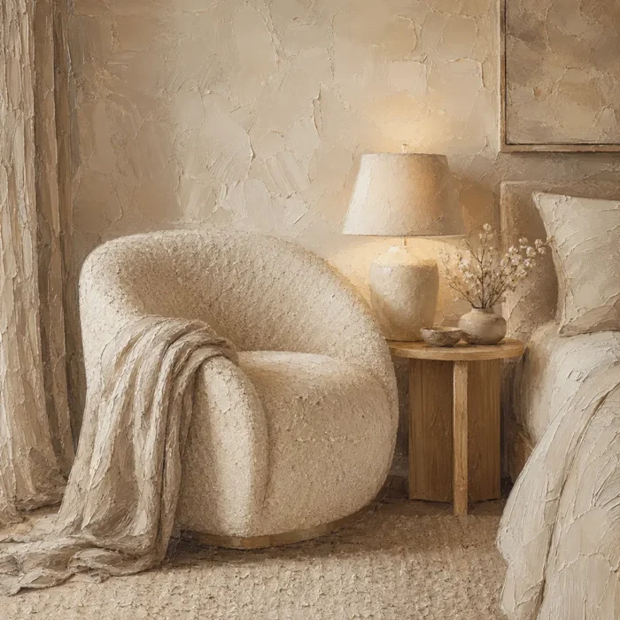 Warm Boucle Reading Corner Serene Neutral Bedroom Wall Art Canvas Print