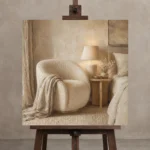 Warm Boucle Reading Corner Serene Neutral Bedroom Wall Art Canvas Print displayed on a studio easel