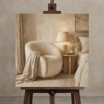 Warm Boucle Reading Corner Serene Neutral Bedroom Wall Art Canvas Print displayed on a studio easel