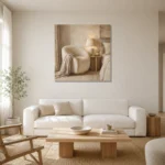 Warm Boucle Reading Corner Serene Neutral Bedroom Wall Art Canvas Print styled in a refined neutral interior