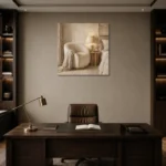 Warm Boucle Reading Corner Serene Neutral Bedroom Wall Art Canvas Print displayed in a contemporary gallery-inspired room